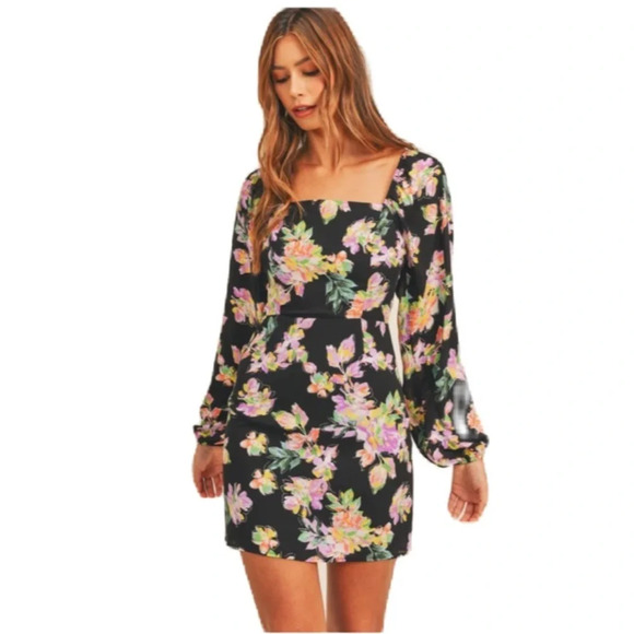 Lush NEW Square Neck Mini Dress Back Smocking Cutout Detail Dark Floral Print - Picture 7 of 16